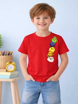 MALKIAT - Boys Red Cute Crop Crew Printed Cotton T-Shirt