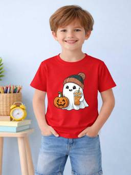MALKIAT - Boys Red Pumpkin Boo Printed Cotton T-Shirt