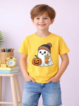 MALKIAT - Boys Yellow Pumpkin Boo Printed Cotton T-Shirt