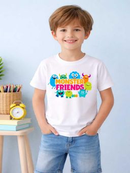 MALKIAT - Boys White Monster Pops Printed Cotton T-Shirt