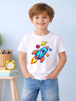 MALKIAT - Boys White Galaxy Ride Printed Cotton T-Shirt