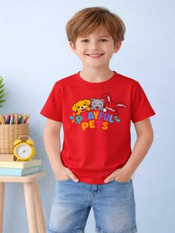 MALKIAT - Boys Red Cute Tails Printed Cotton T-Shirt