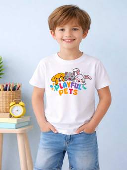 MALKIAT - Boys White Cute Tails Printed Cotton T-Shirt