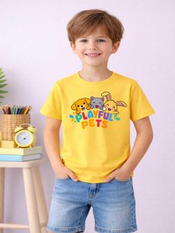 MALKIAT - Boys Yellow Cute Tails Printed Cotton T-Shirt