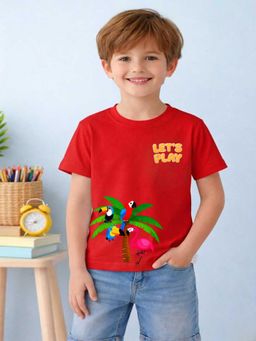MALKIAT - Boys Red Birds Of Paradise Printed Cotton T-Shirt