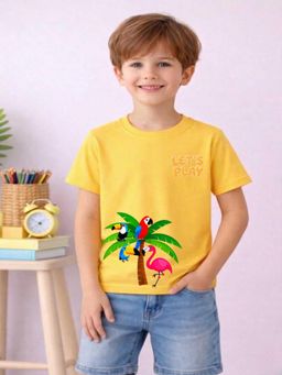 MALKIAT - Boys Yellow Birds Of Paradise Printed Cotton T-Shirt