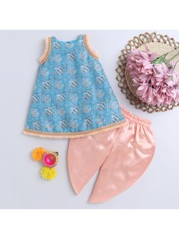 Many Frocks - Blue Printed Pleated Gold Lace Embellished Kurta with Dhoti Pant