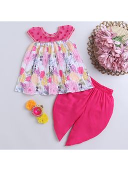 Many Frocks - Lace Embellished Neckline Pleated Floral Printed Kurta & Dhoti Pant