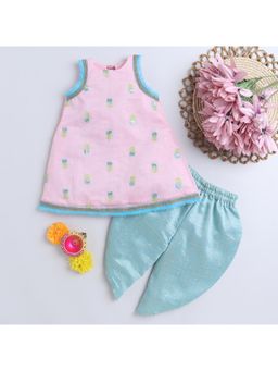 Many Frocks - Pink Blue Floral Embroidered Lace Embellished Kurta & Dhoti Pant