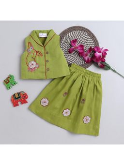 Many Frocks - Green Cotton Hand Embroidered Collar Choli & Lehenga