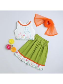 Many Frocks - Cotton Sleeveless Hand Embroidered Choli with Lehenga & Dupatta