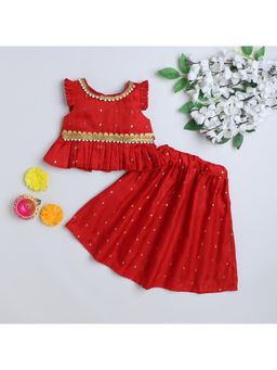 Many Frocks - Maroon Poly Silk Boti & Lace Embellished Lehenga with Choli