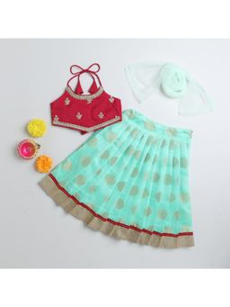 Many Frocks - Maroon Green Chanderi Sleeveless Choli with Lehenga & Dupatta