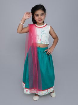 Many Frocks - Off White Green Hand Embroidered Choli with Lehenga & Dupatta
