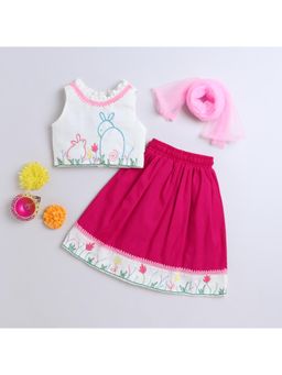 Many Frocks - Off White & Pink Sleeveless Hand Embroidered Choli with Lehenga & Dupatta