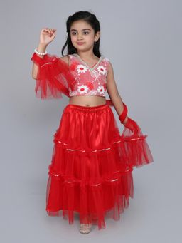 Many Frocks - Red Net Sleeveless Embroidered Choli with Lehenga & Dupatta
