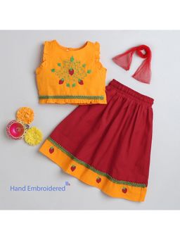 Many Frocks - Yellow Strawberry Hand Embroidered Choli & Lehenga with Dupatta