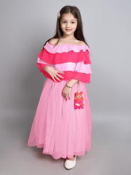 Many Frocks - Pink Georgette Layered Off Shoulder Lehenga with Choli