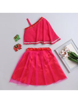 Many Frocks - Pink Sleeveless Net One Shoulder Beaded Choli with Lehenga