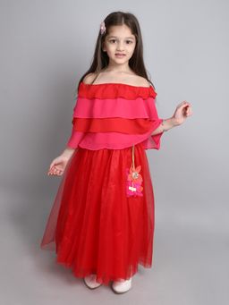 Many Frocks - Red Georgette Layered Off Shoulder Lehenga with Choli