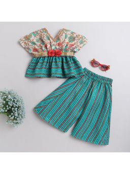 Many Frocks - Blue Pleated Flowers Embellished Top & Palazzo