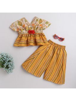 Many Frocks - Yellow Pleated Flowers Embellished Top & Palazzo
