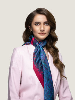 Waraq - Silk Road Trail Ikat Blue Vegan Satin Square Scarf
