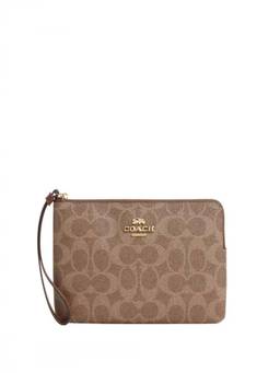 Coach - Brown Signature Corner Zip Wristlet