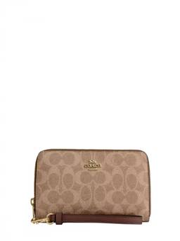 Coach - Brown Signature Zip Around Wristlet