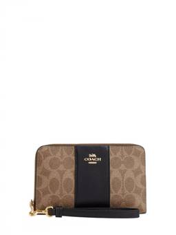 Coach - Tan Signature Stripe Zip Around Wristlet
