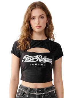 True Religion - Black Ruched Keyhole Logo Print Top
