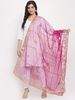 Clora Creation - Magenta Sequin Embroidery and Leaf Motif Border Net Dupatta