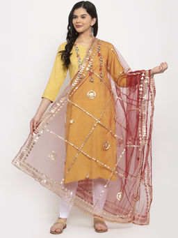 Clora Creation - Maroon Sequin Embroidery and Leaf Motif Border Net Dupatta