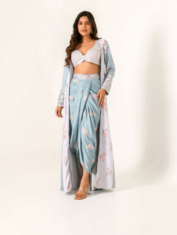Pasha India - Aqua Blue Slate Grey Bralette Skirt Cape (Set of 3)