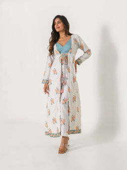 Pasha India - Printed Pista Cape Pants & Aqua Blue Blouse (Set of 3)