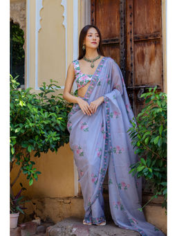 Pasha India - Soft Blue Floral Printed Concept Saree with Stitched Blouse