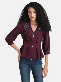 Kazo - Maroon Embellished Top With Pleats
