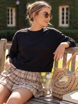 Bewakoof - Women Jet Black Oversized Crop Sweatshirt