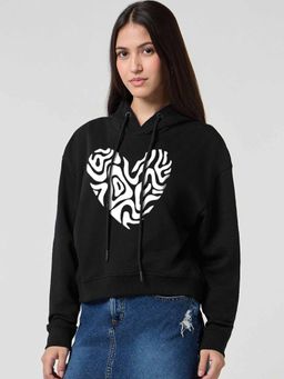 Bewakoof - Women Black Printed Oversized Crop Hoodie