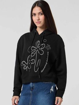 Bewakoof - Women Black Printed Oversized Crop Hoodie