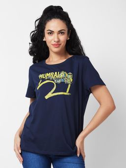 Spykar - Women Blue Cotton/Elastane Round Neck T-Shirt