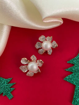 Digital Dress Room - Rose Gold-Plated Pearl Cz Flower Stud Earrings for Women