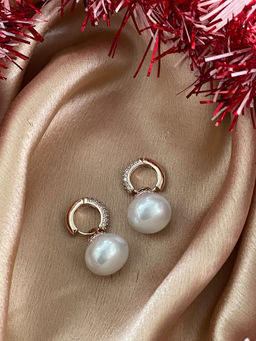 Digital Dress Room - Rose Gold-Plated Pearl Cz Huggee Hoop Earrings for Women