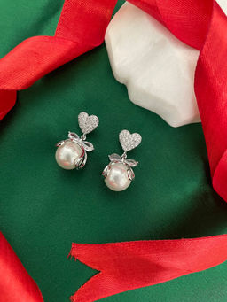 Digital Dress Room - Silver-Plated Pearl Cz Heart Drop Earrings for Women