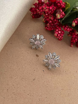 Digital Dress Room - Silver-Plated Cz Baby Pink Flower Earrings for Women