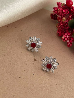 Digital Dress Room - Silver-Plated Cz Red Flower Earrings for Women
