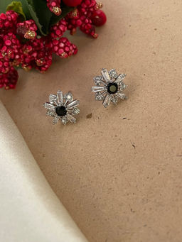 Digital Dress Room - Silver-Plated Cz Black Flower Earrings for Women