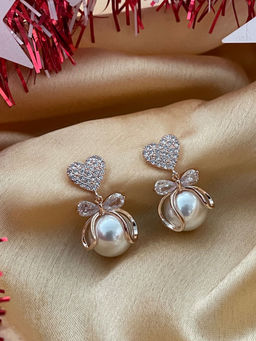 Digital Dress Room - Rose Gold-Plated Pearl Cz Heart Drop Earrings for Women