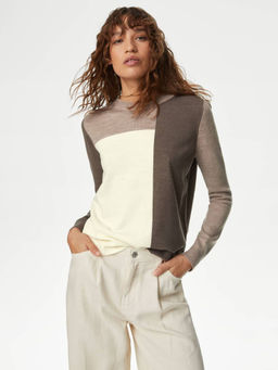 Marks & Spencer - Brown Supersoft Colour Block Crew Neck Sweater