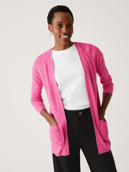 Marks & Spencer - Pink Ribbed Edge To Edge Longline Cardigan